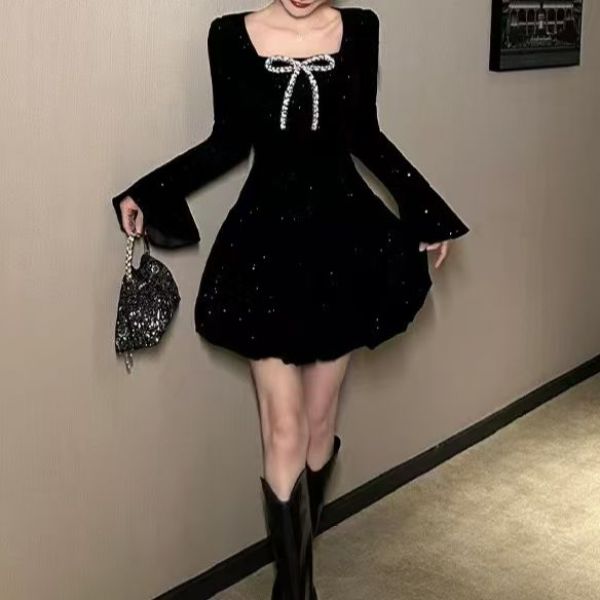 （胖珊）气质少女简约时尚花苞裙女神收腰轻奢减龄连衣裙8317