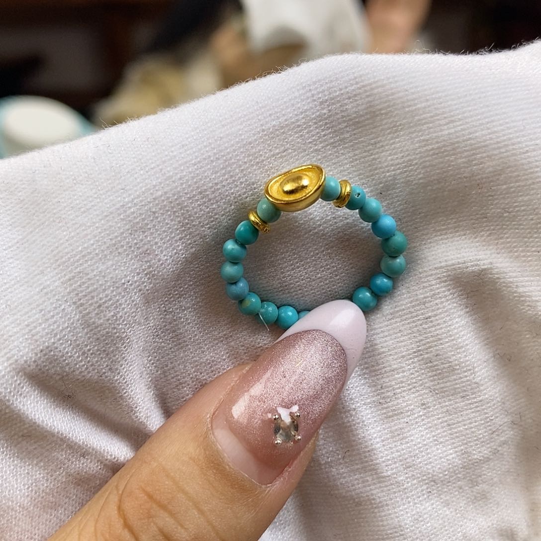 绿松石A2元宝戒圈银S925镀金镶嵌