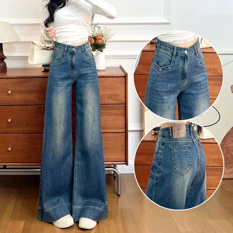 喜绚美式复古大阔腿牛仔裤女高腰2025早秋新款宽松遮肉显瘦喇叭裤