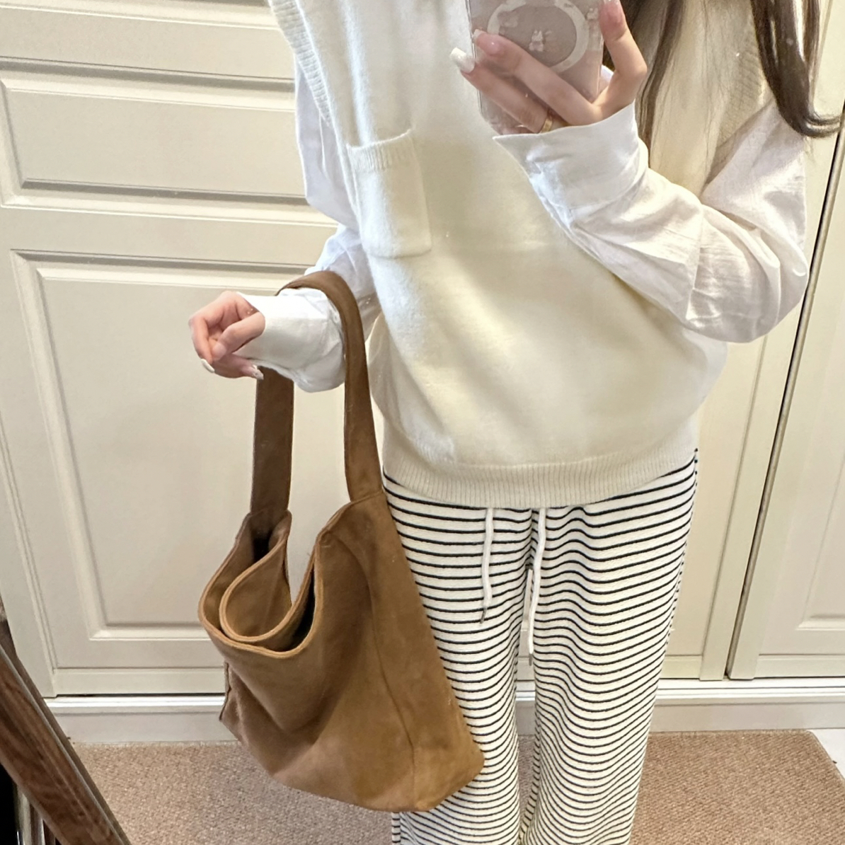 「欣欣子」百搭慵懒风条纹加绒裤
