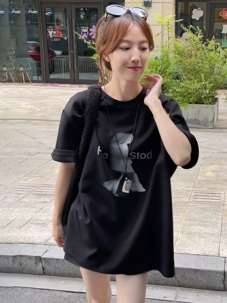 新款大码女装休闲半袖时尚舒适百搭个性显瘦印花短袖#1598