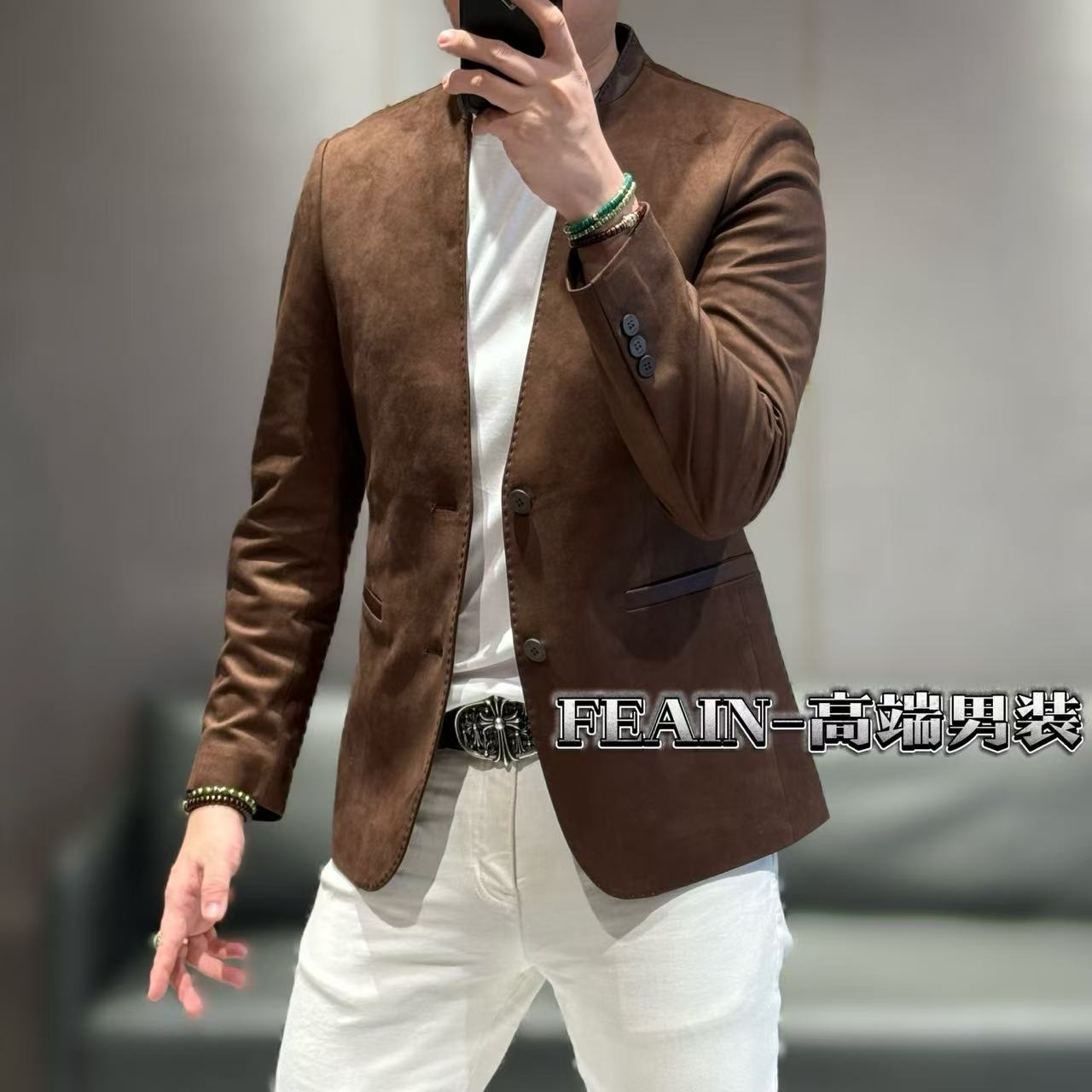 那不勒斯领型设计绵羊皮拼接翻毛皮修身小西装5808