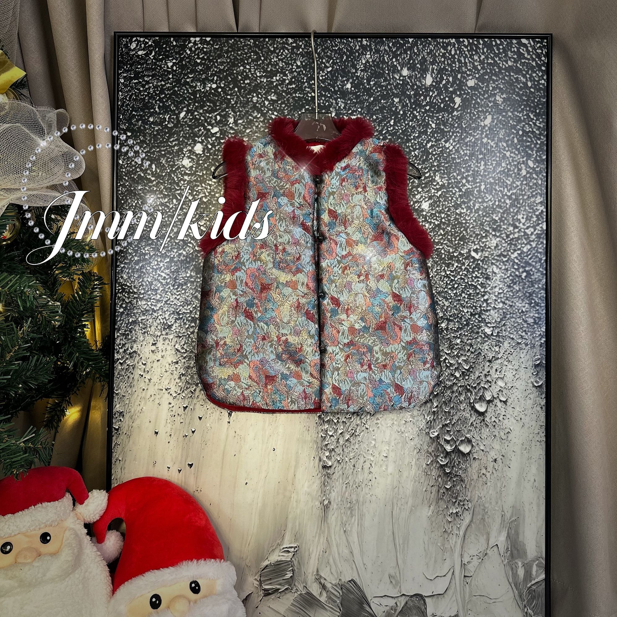 女童新中式夹棉马甲复古提花唐装旗袍单品-红马甲C003