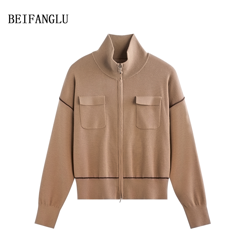 北方鹿 撞色修身显瘦绵羊毛针织衫春季新款立领开衫百搭女士1583