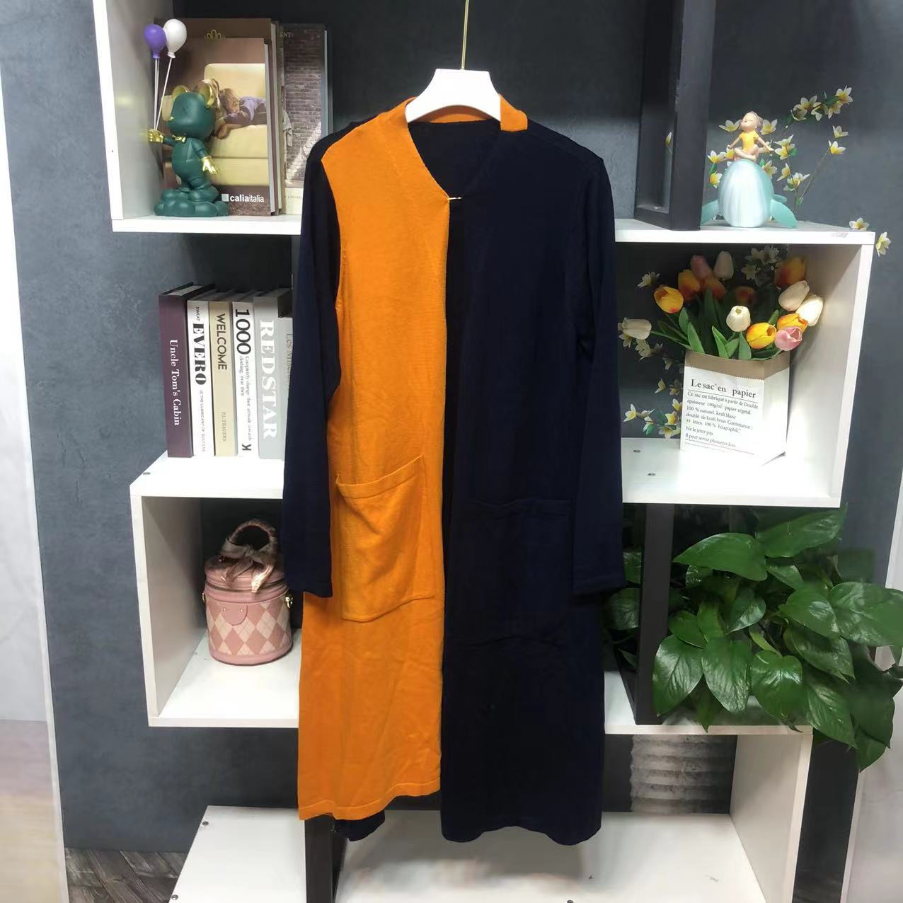 B0063【新款】时尚藏蓝色双口袋拼色款休闲开衫