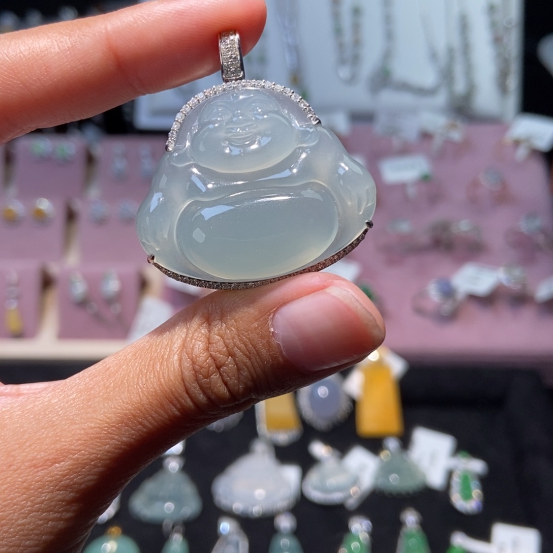 翡翠18K金镶嵌颈饰纯天然缅甸翡翠A货佛公