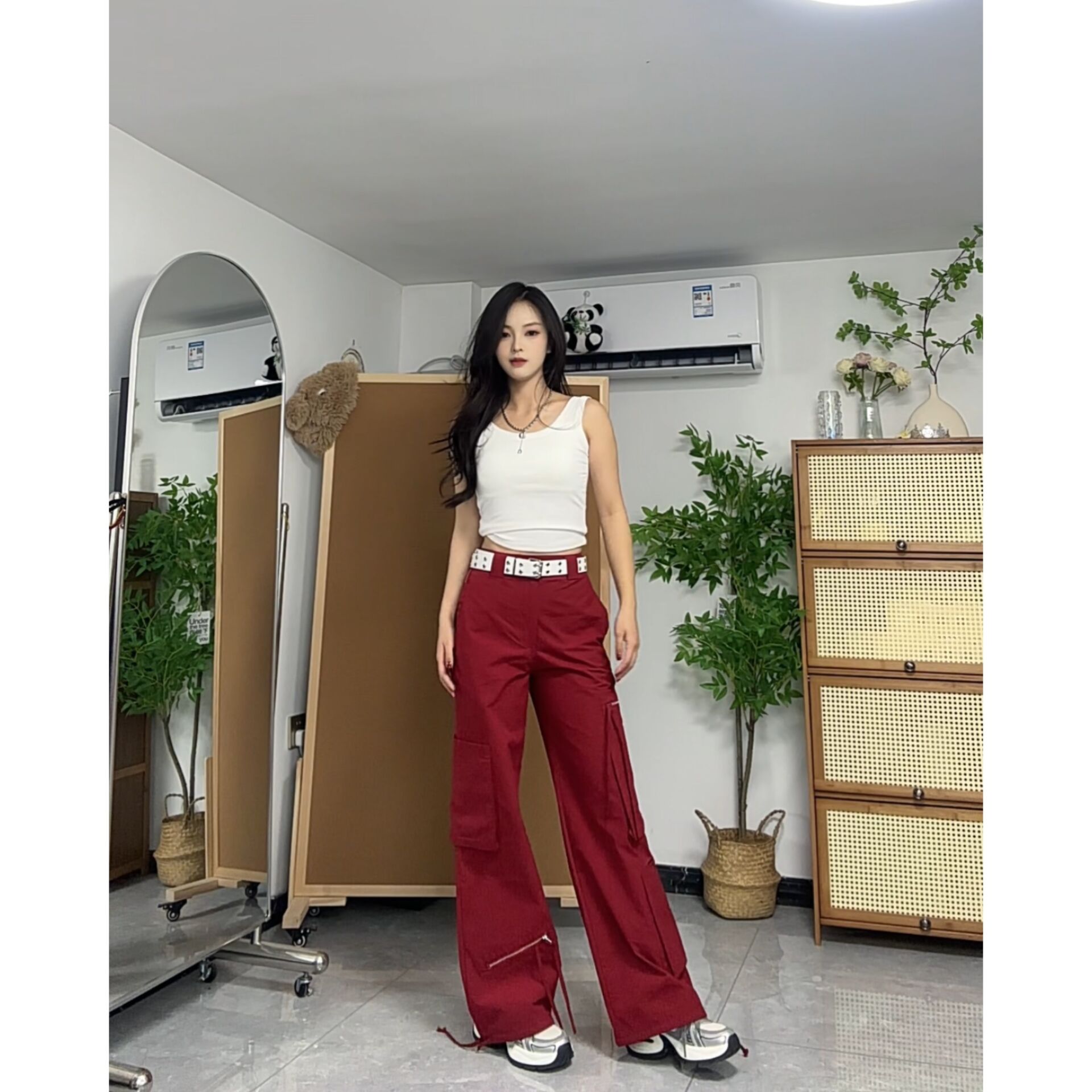 时尚个性多口袋工装裤高腰直筒休闲显瘦拖地工装裤宽松百搭工装裤