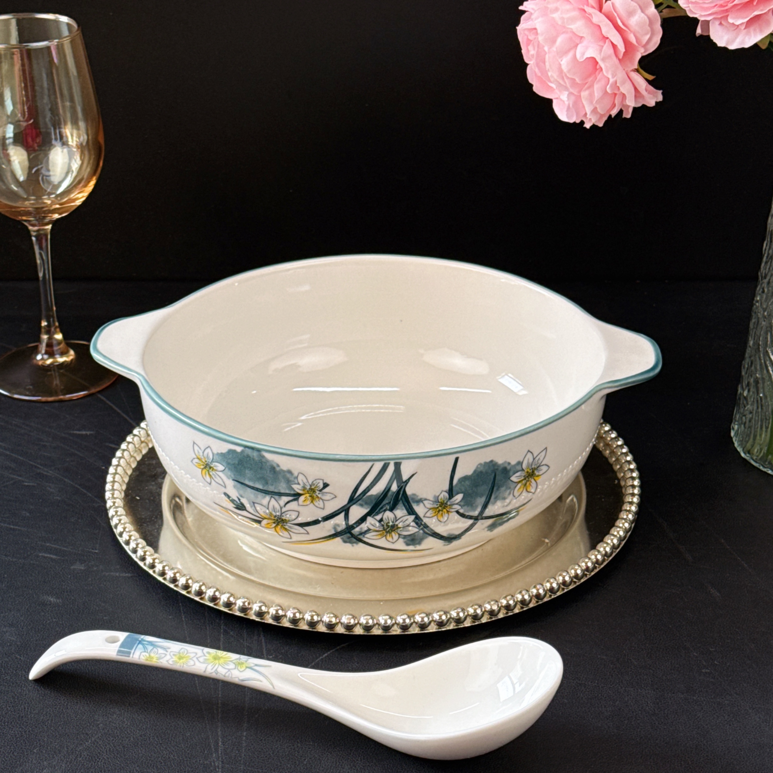 10.5英寸水仙花双耳碗一个+1大勺 破损联系补发