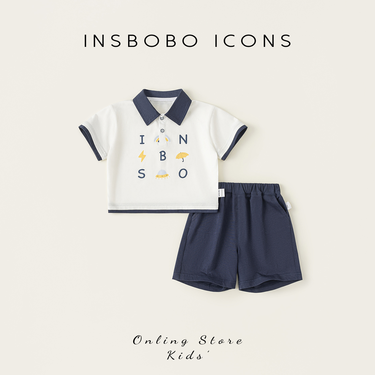 INSbobo儿童夏季套装翻领字母印花拼色T恤纯色休闲短裤潮XT85084