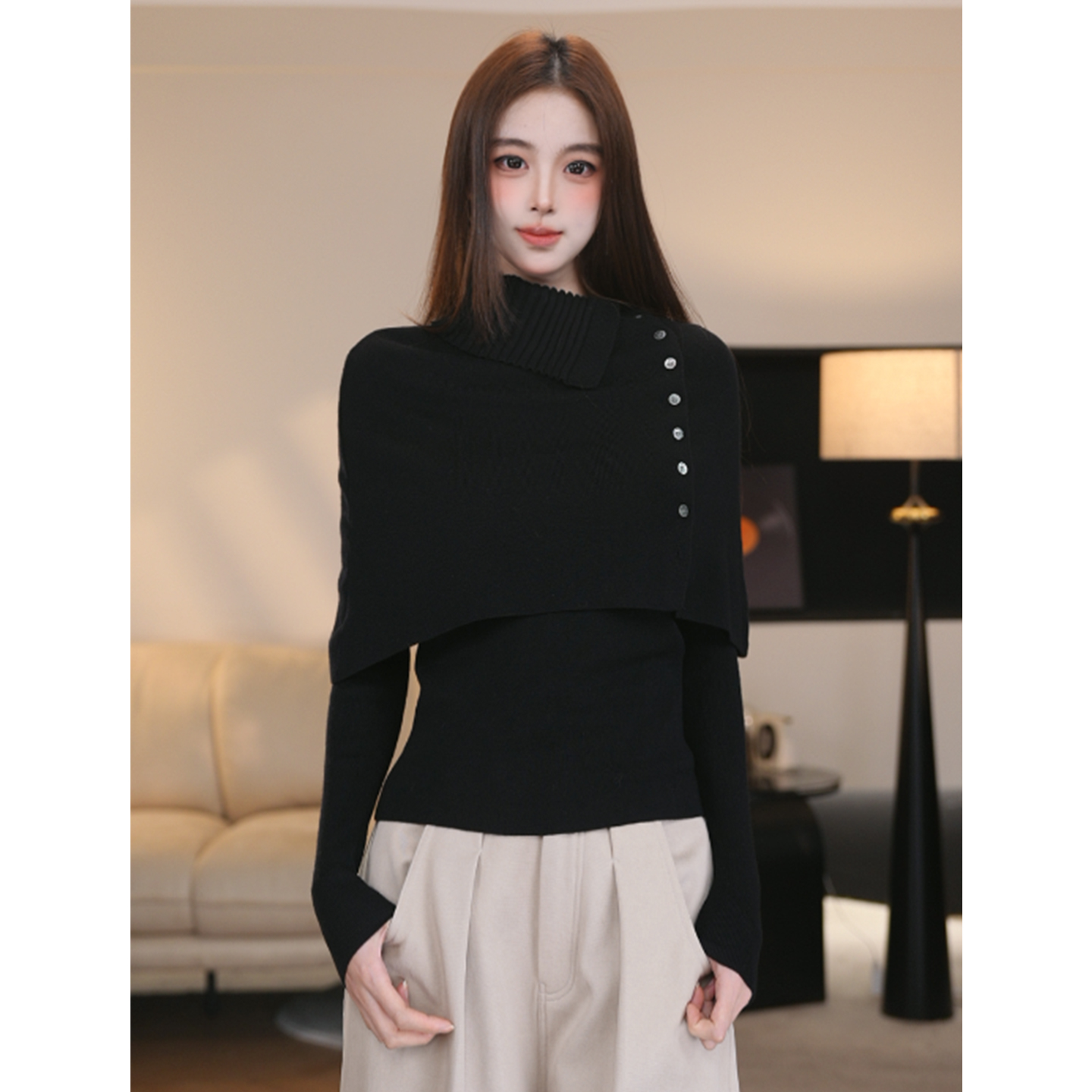 尔给秋冬韩系高领披肩叠穿两件套针织衫女设计感气质显瘦上衣
