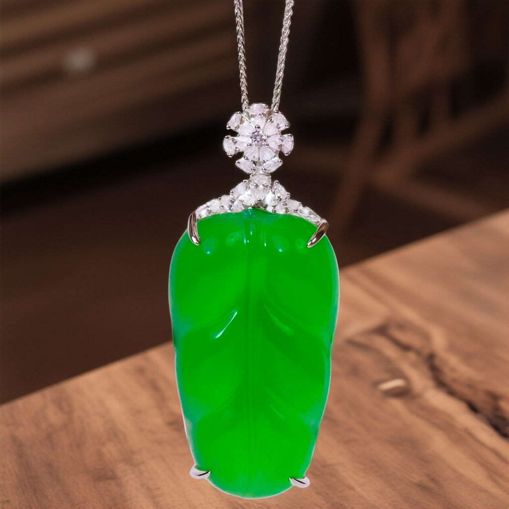 YS030*S925银镶天然玉髓满绿树叶吊坠