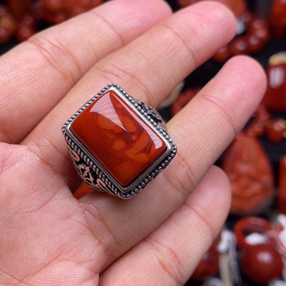 南红玛瑙珠宝奇石银S925镶嵌戒指