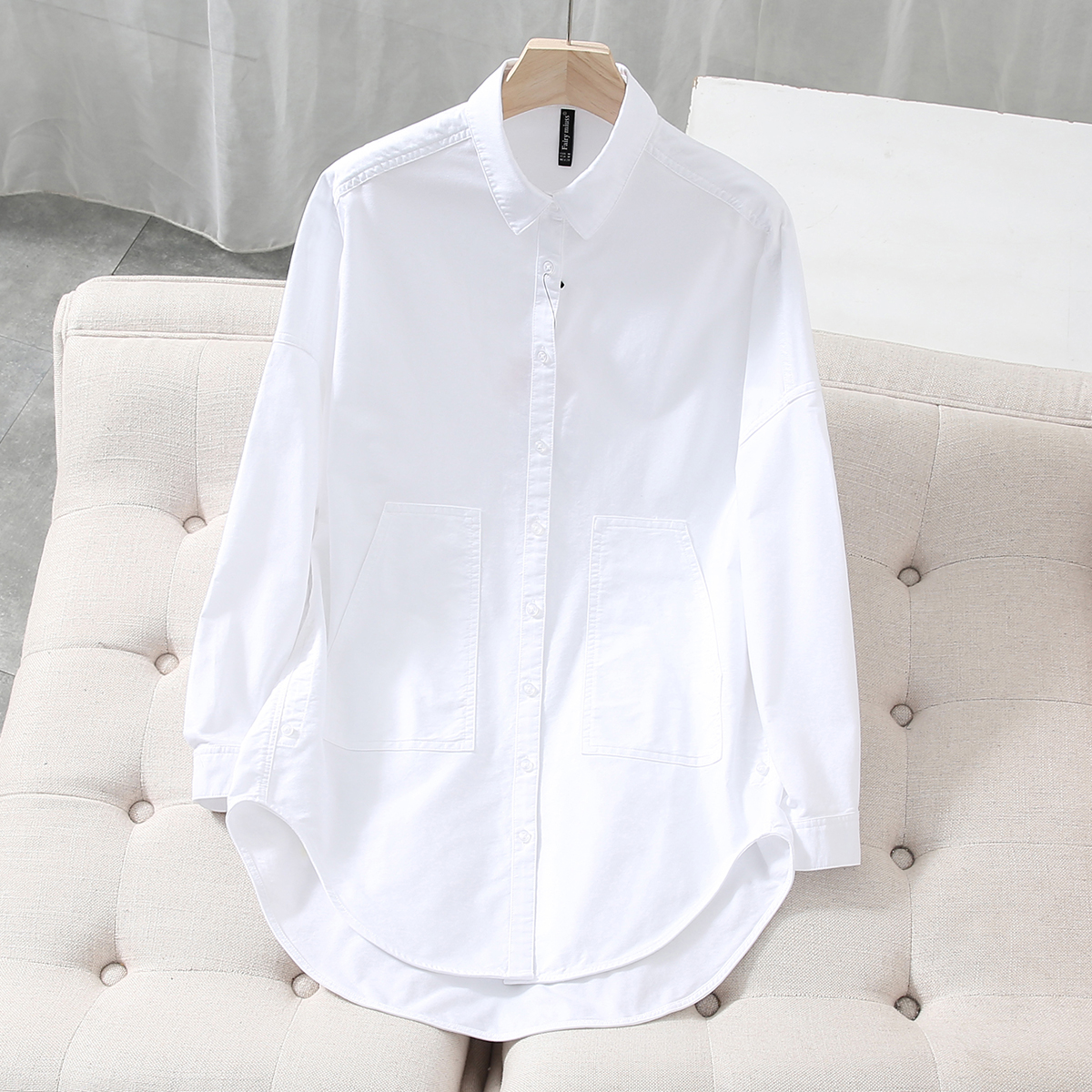 极地白中长款衬衫女长袖春季百搭不透外套纯色白色时尚宽松休闲