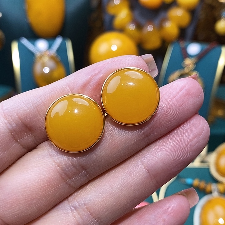 蜜蜡耳饰银S925镀金镶嵌