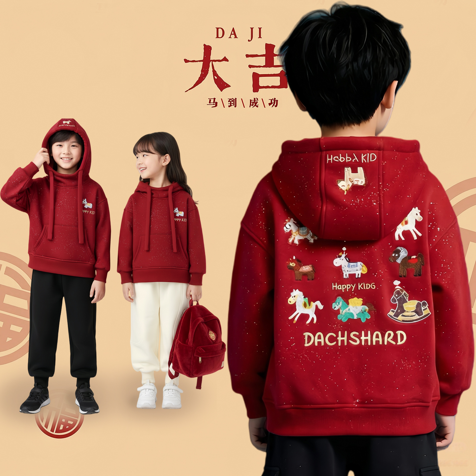 男童女童冬季加绒保暖亲子卫衣时尚百搭儿童连帽拜年服D3T6-1155