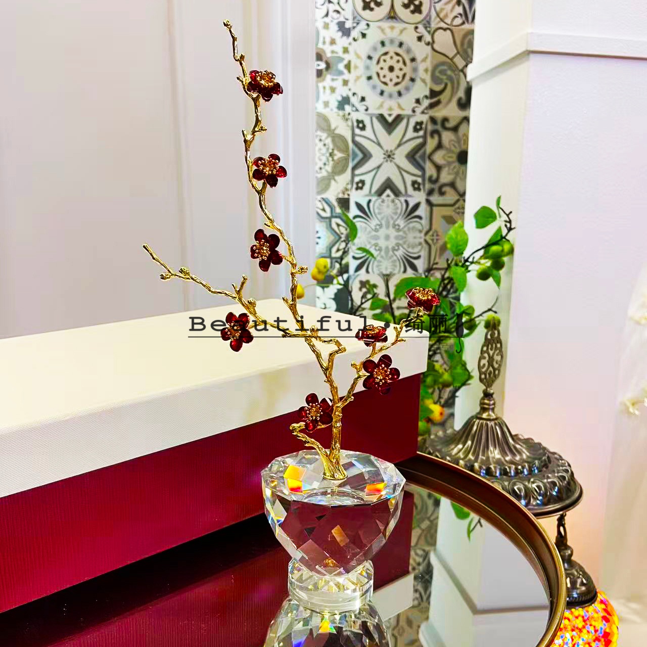 单只礼盒装-轻奢红色水晶梅花K9水晶新年红喜庆客厅玄关摆件