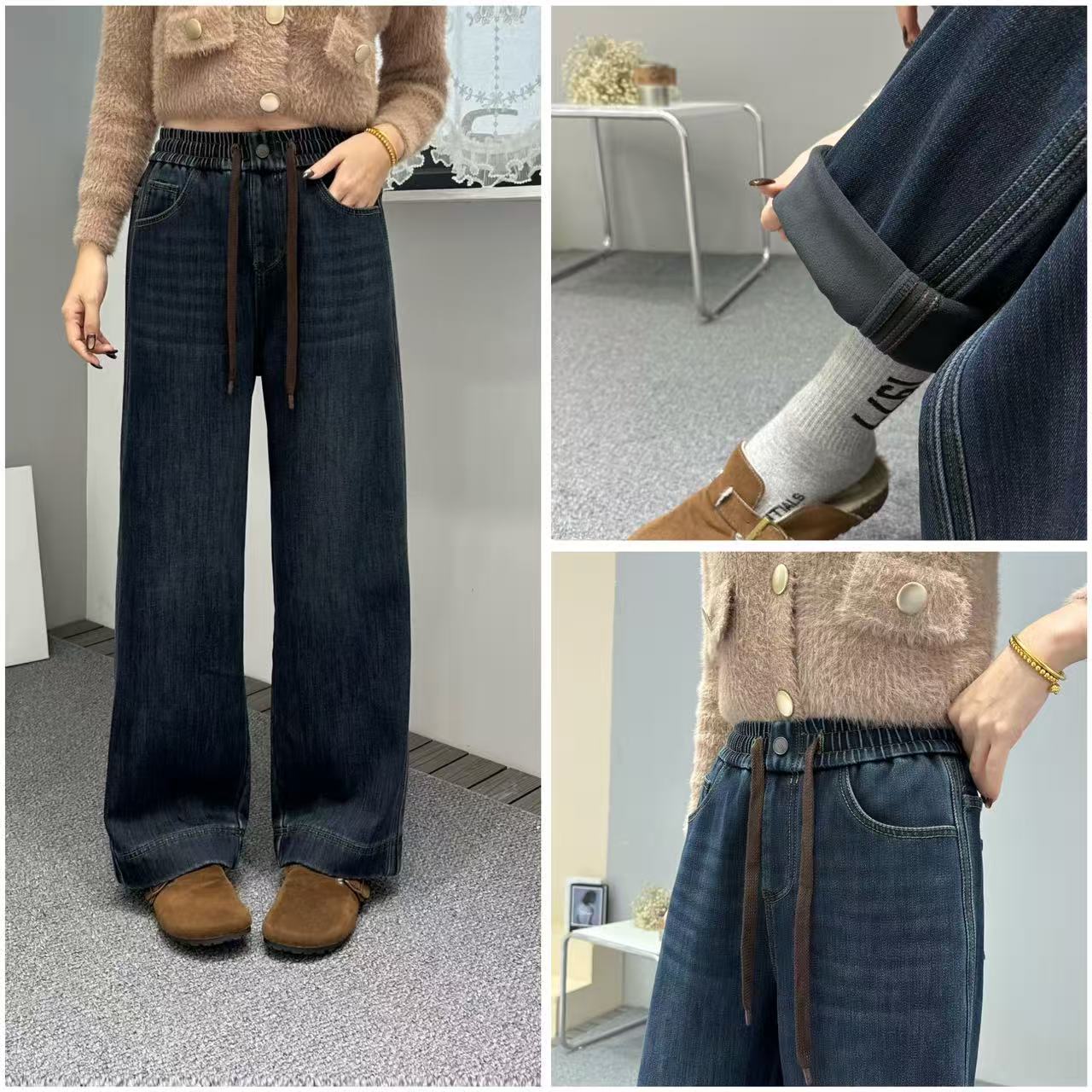 【加绒加厚窄版新款】25年冬季显瘦高腰休闲窄版直筒牛仔裤