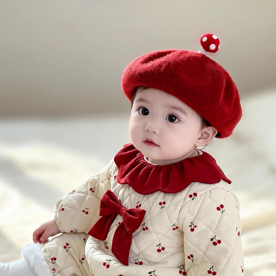 婴儿冬天帽子喜庆红色新年帽贝雷帽宝宝洋气韩版毛呢公主帽八角帽