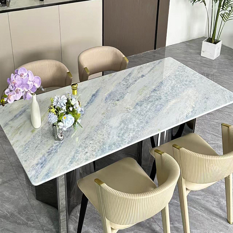 进口天然蓝水晶奢石餐桌轻奢高端家用别墅长方形大理石餐桌椅饭桌