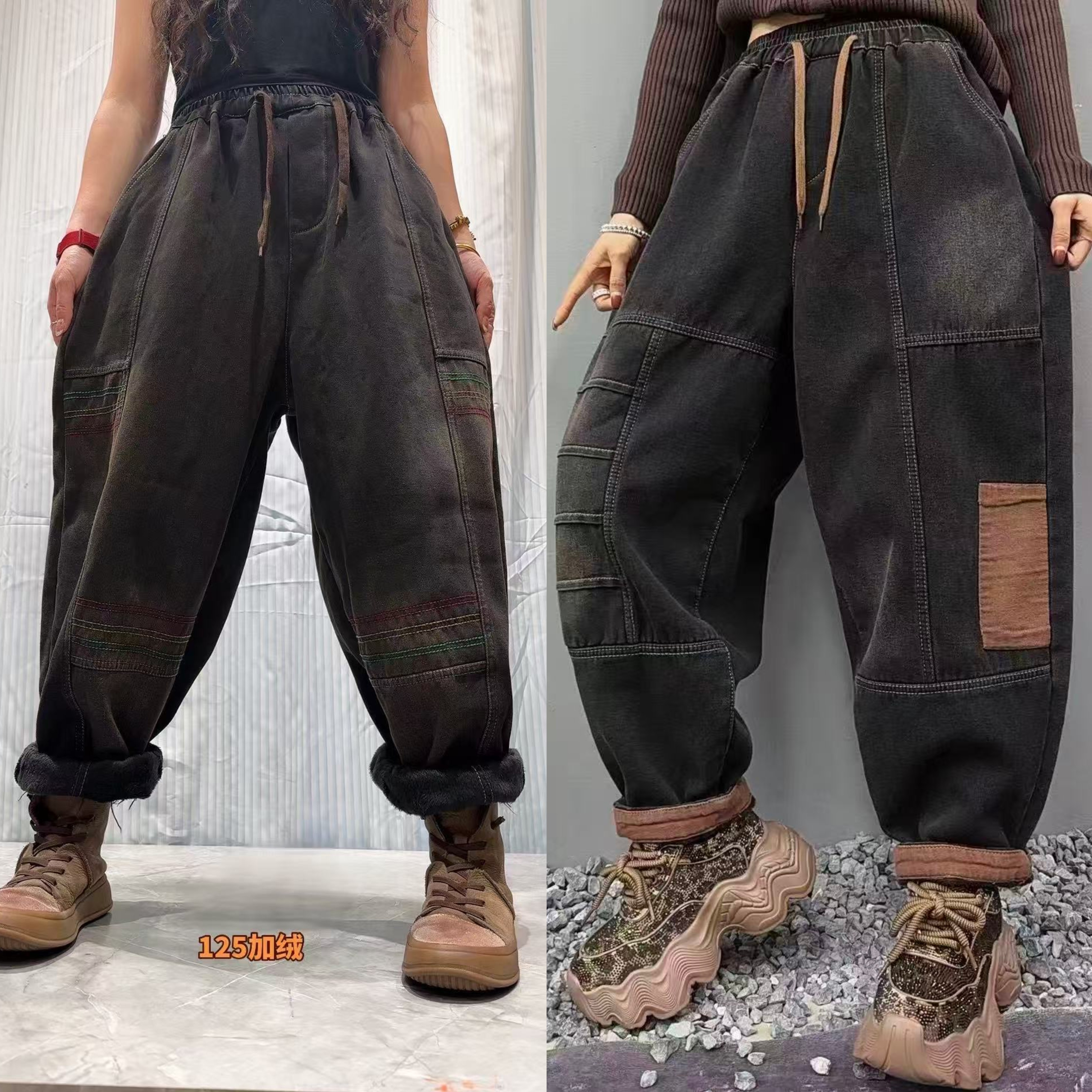 冬季宽松休闲时尚加绒牛仔老爹裤牛仔裤