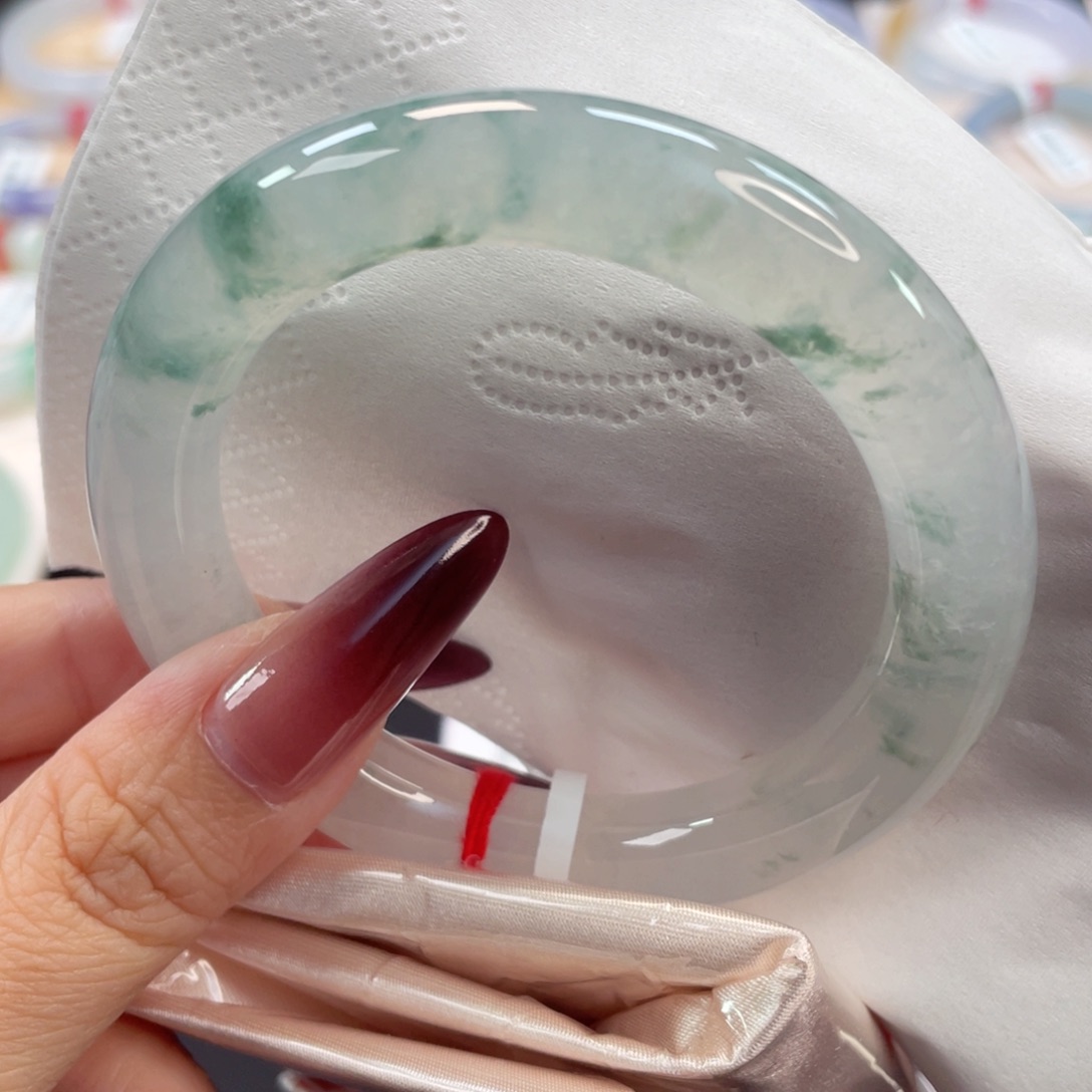 未镶嵌手镯翡翠13号54.7莫西沙白冰飘绿花胖圆