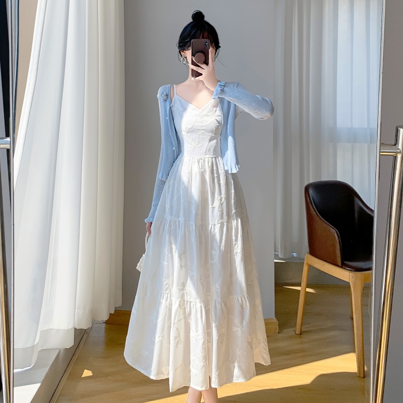 编码700到799吊带连衣裙女士夏季刺绣收腰白裙中长款法式女装小众