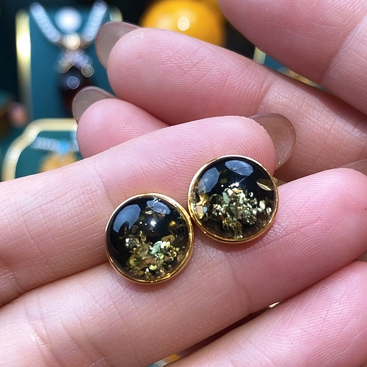 绿珀耳饰银S925镀金镶嵌