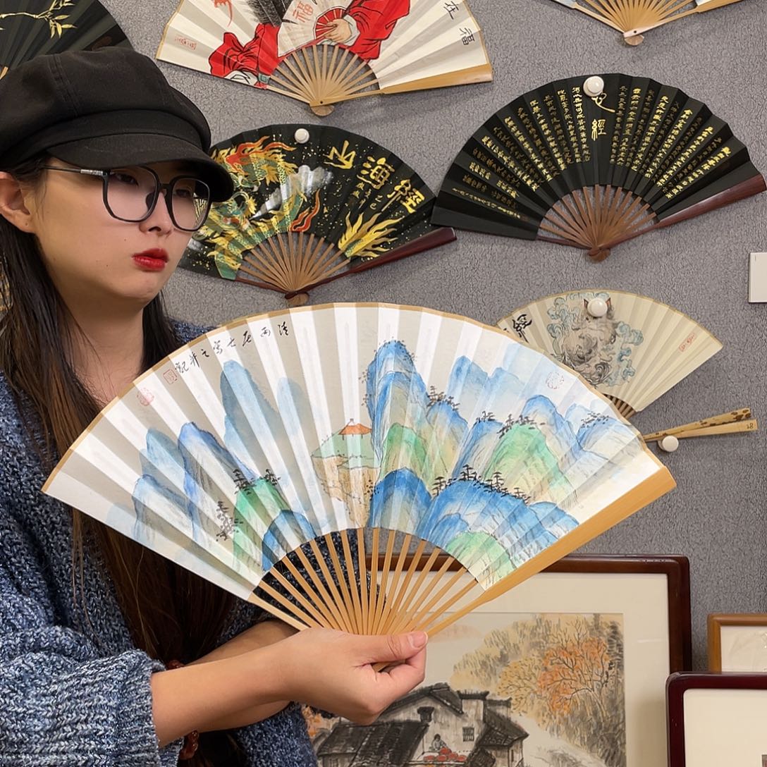 书法95寸玉竹-纯手绘-文玩扇骨（默认粘好）