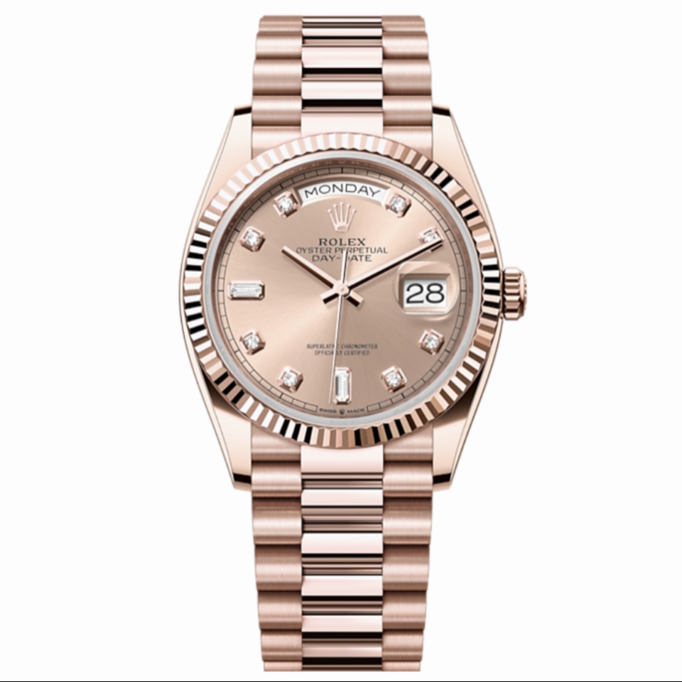 99新 Rolex/劳力士 24年全套/星期日历型系列128235粉盘钻刻
