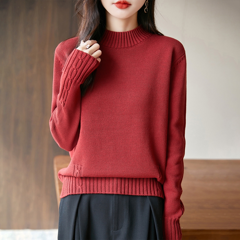 100%纯棉线针织衫纯色半高领提花宽松加厚套头针织打底衫不起球