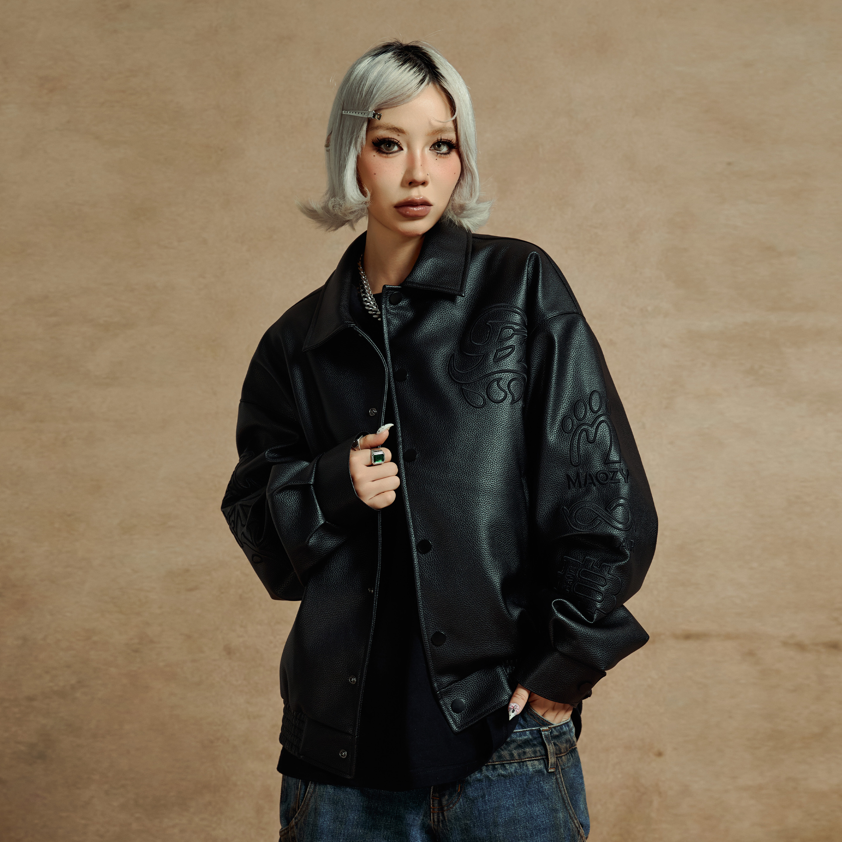 G-BLOCK 全皮翻领夹克潮牌棒球服皮衣外套 19C585