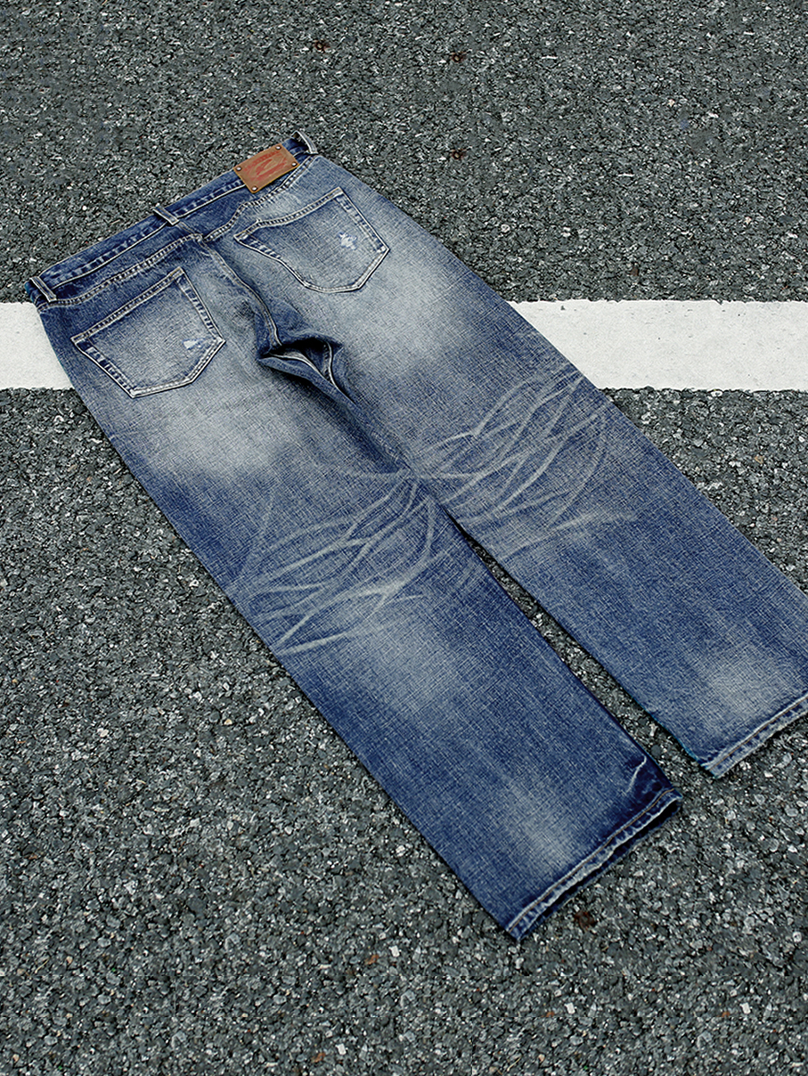 WOODENhea 503版型男装美式复古工加长裤长拉链洗水做旧牛仔裤