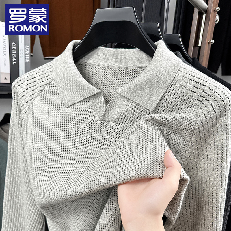 罗蒙100%纯棉男士针织衫毛衣时尚休闲商务海鸥领长袖上衣Polo衫潮