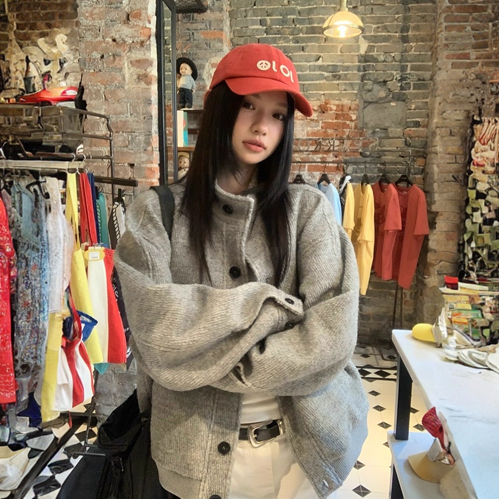 美式复古浅灰色短外套女秋冬季新款高级感宽松百搭显瘦棉服短款