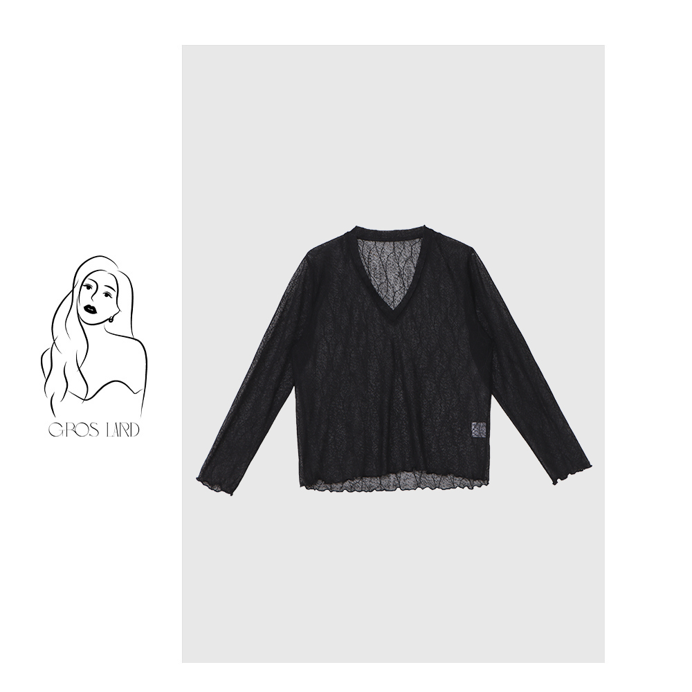 多肉宝贝V领显瘦网纱蕾丝上衣薄款宽松7B25332
