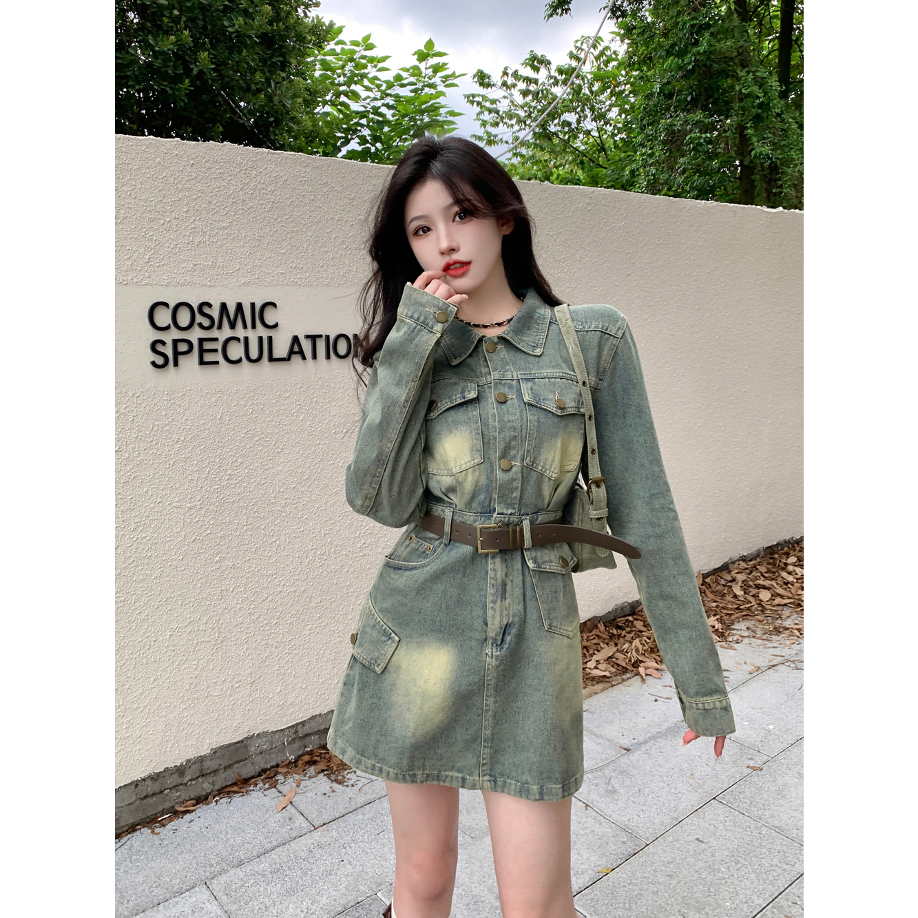 2025春夏复古潮流洗水做旧纯色长袖牛仔连衣裙胖mm显瘦裙