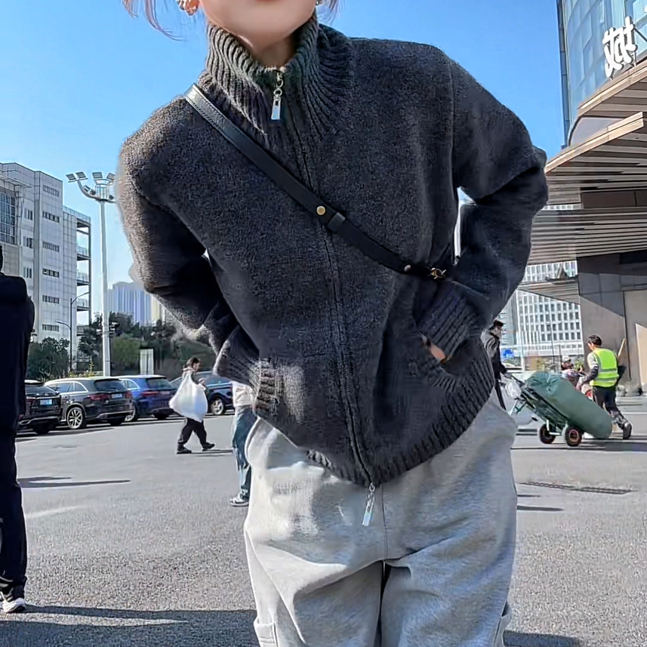 【YL严选】立领双头拉链软糯针织开衫女百搭显瘦休闲口袋毛衣外套潮