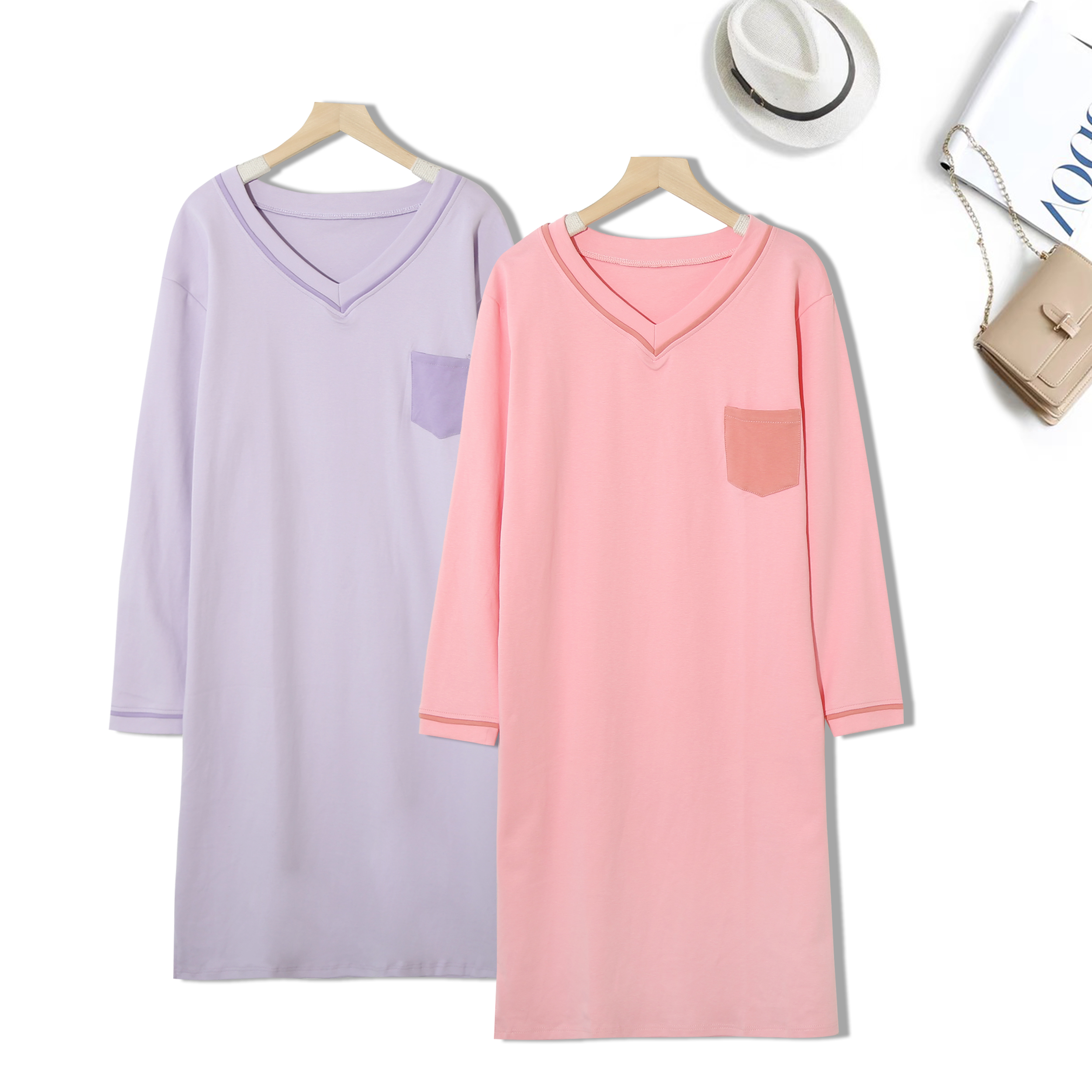 女士中长款春秋V领连衣裙休闲百搭可家居遛弯设计感新款舒适6D883