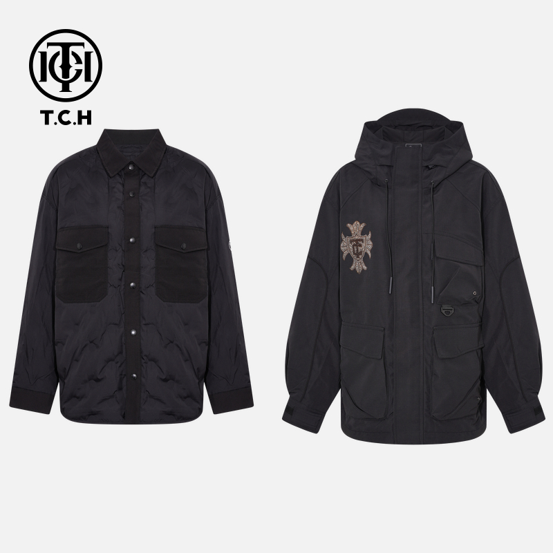 TCH【含90绒子】冬季新款酷飒时尚烫钻女装黑色羽绒服T75C19E5000