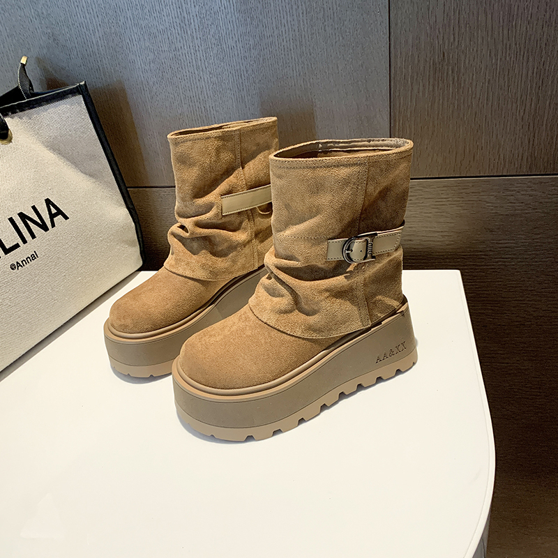 增高7厘米厚底裤管推推靴秋冬季复古马丁靴圆头时尚百搭瘦瘦靴