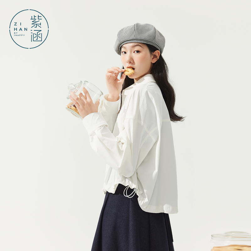 紫涵短款牛筋收腰衬衫外套女2025年秋季新款长袖上衣Z5Z06AN167