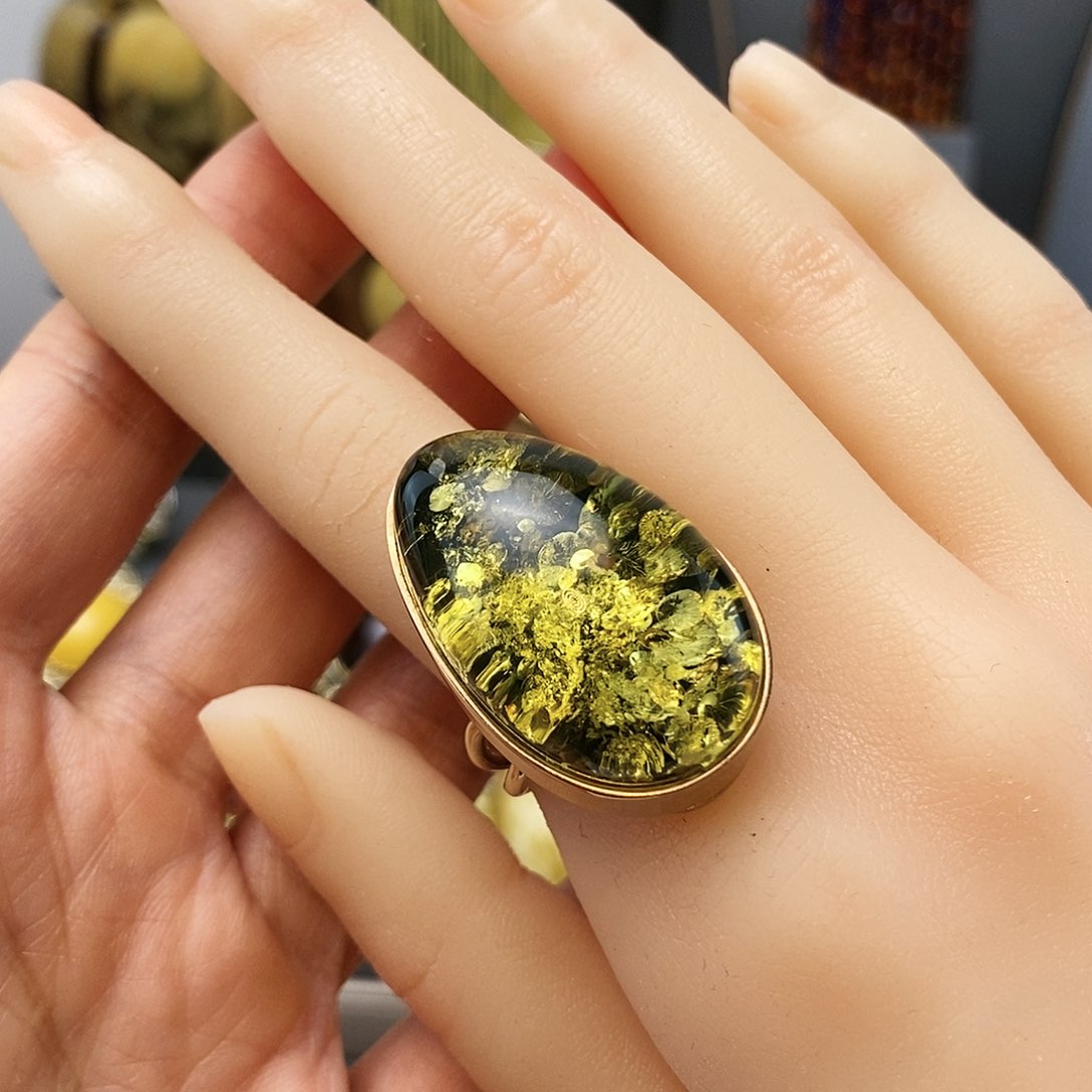 琥珀裸石银S925镶嵌戒指