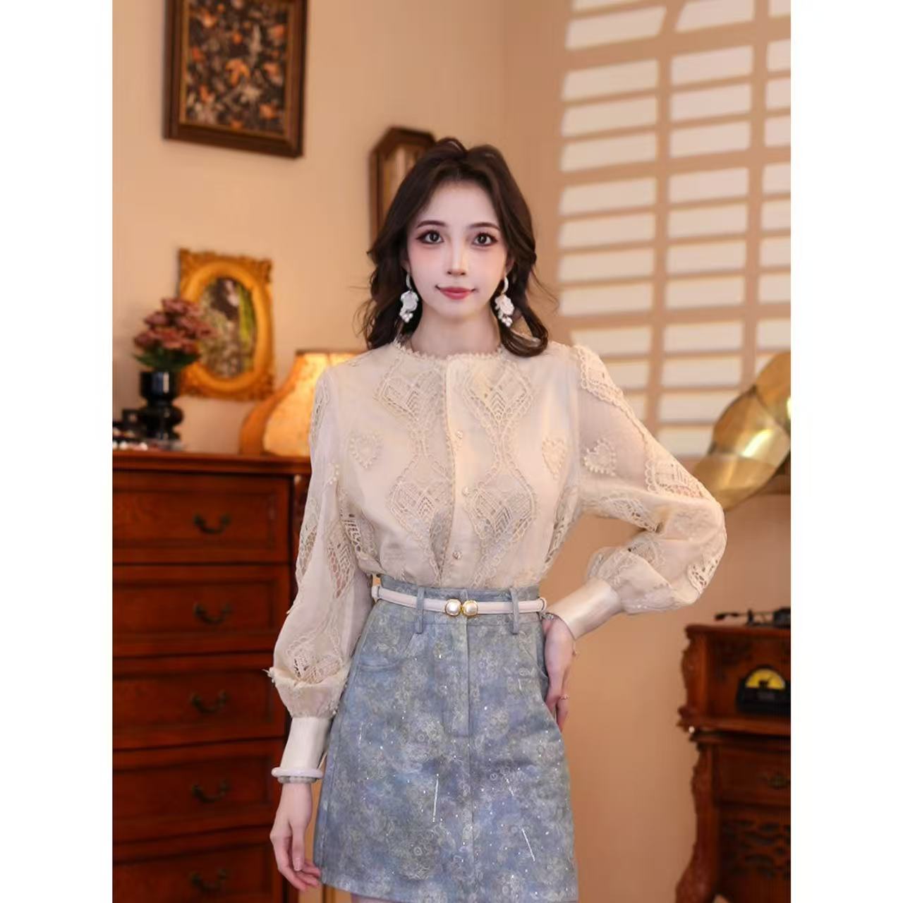 豆芽【风月落木】春季长袖衬衣透气气质精致设计感上衣01665