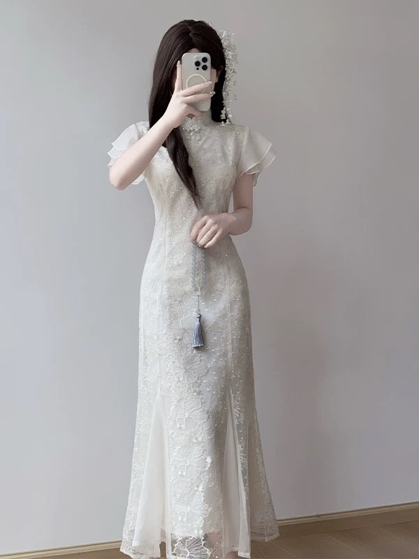 新中式改良旗袍重工刺绣旗袍鱼尾订婚结婚连衣裙女夏季气质长裙子