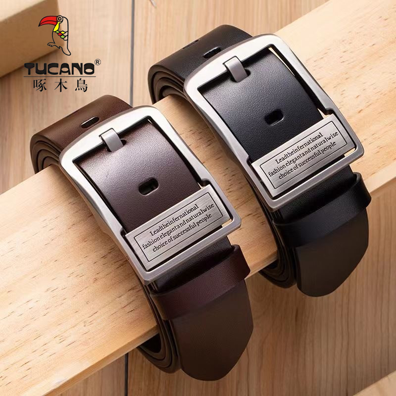 啄木鸟男士牛皮腰带针扣复古牛皮皮带男款青年中年休闲牛仔裤腰带