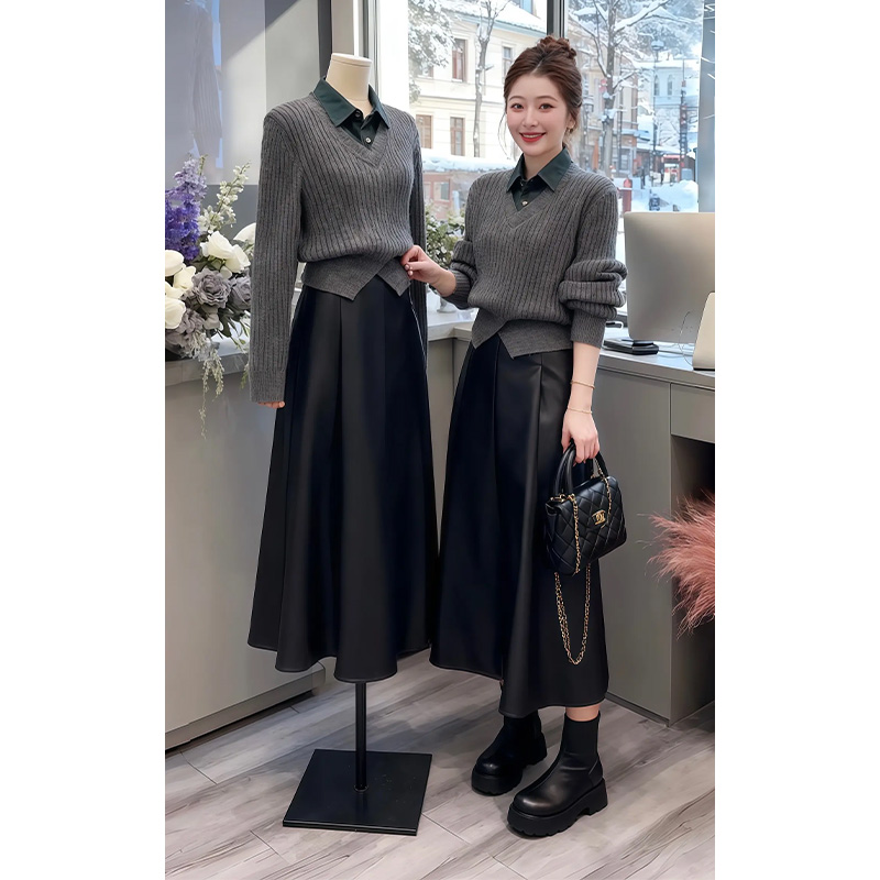 入冬搭配一整套2025秋冬新款高级感假两件毛衣女半身裙皮裙两件套
