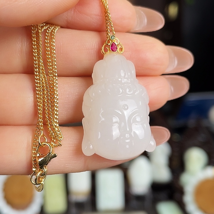 和田玉18K金镶嵌项链