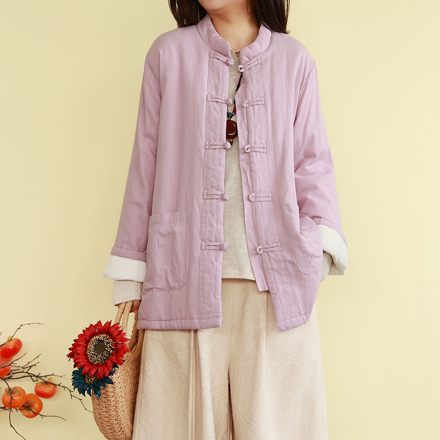 复古盘扣夹棉棉衣新中式唐装女秋冬纯色外穿加厚禅意棉服宽松袄子