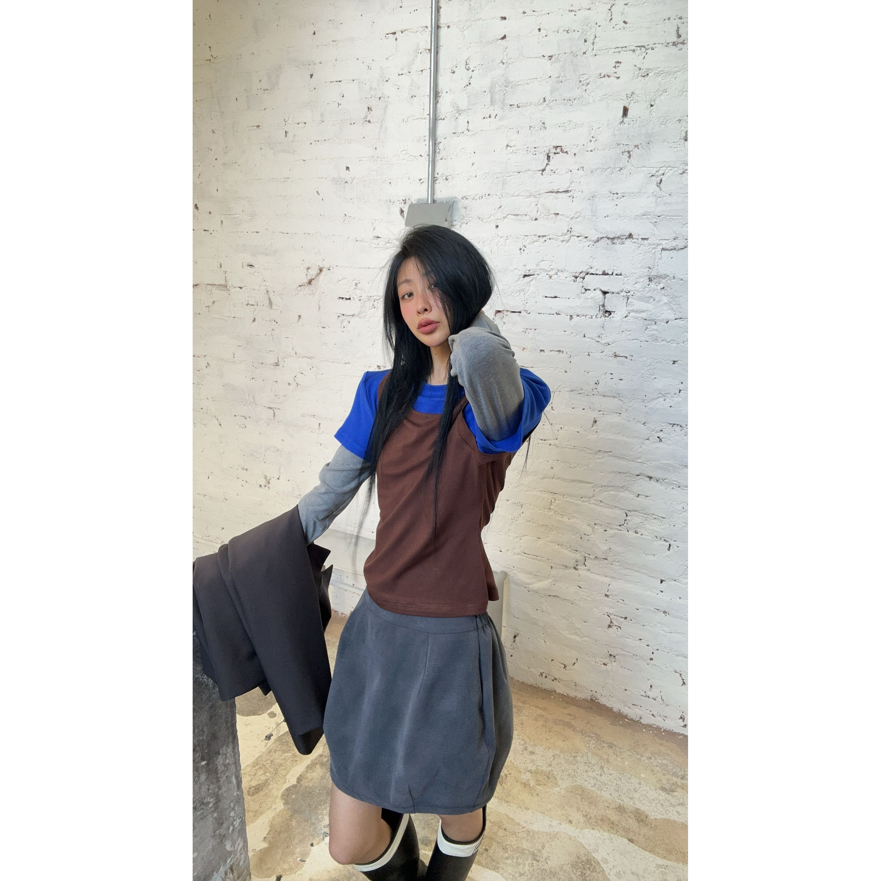 21071#（定制福利款NO退NO换）弹力拼色MIU系打底衫