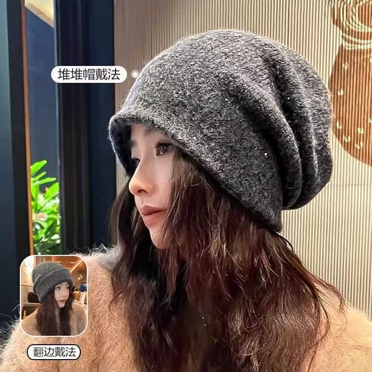 秋冬季帽子女大头围显脸小堆堆帽满天星毛线针织帽